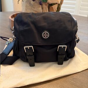 Tory Burch Small Nylon Messenger Cross Body Flap Bag Black